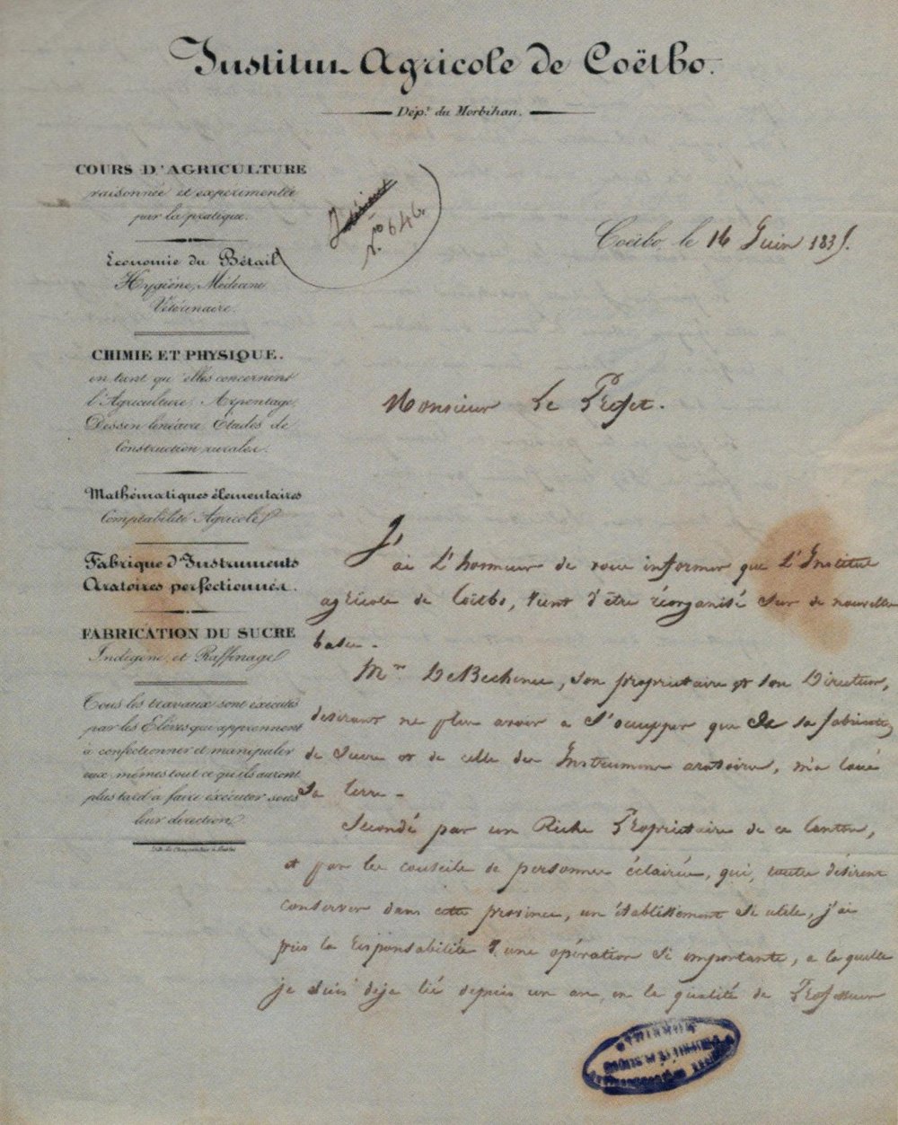 Lettre au préfet à propos de la réorganisation de l'Institut agricole de Coëtbo (1835)