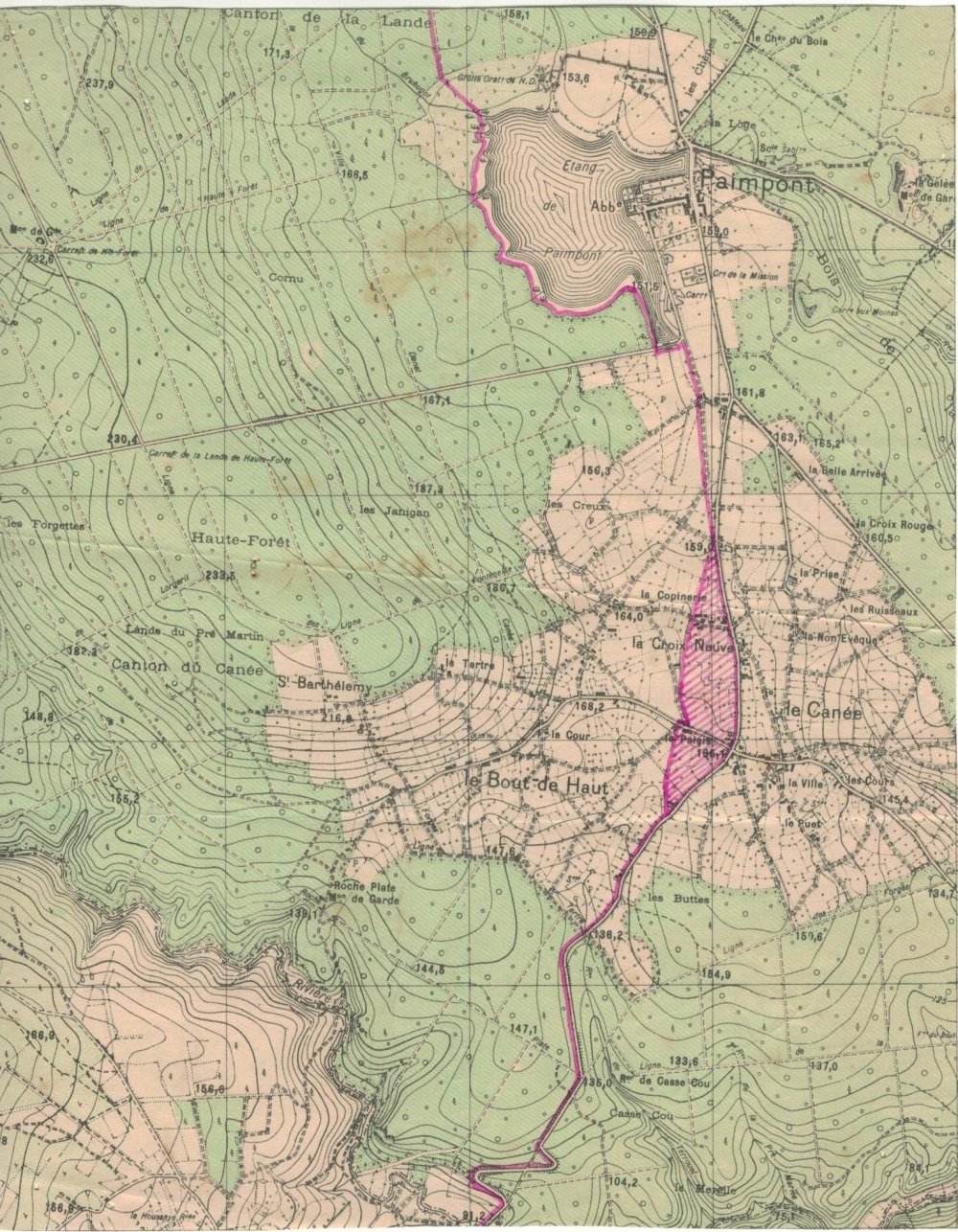 Carte de l'agrandissement du camp de Coetquidan par les Allemands - secteur du Cannée