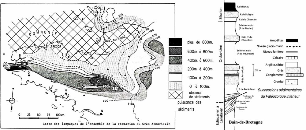 Fig. 5 - Estimation de l'épaisseur virtuelle des dépôts du Grès armoricain - Succession sédimentaire du Paléozoïque