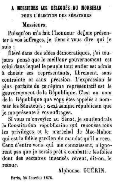 Candidature d'A. Guérin aux élections sénatoriales de 1876
