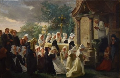 Réception du cercueil sous le porche de Monterfil - Amédée Guérard