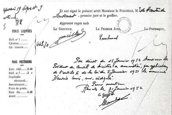 Amnistie de Loiez Herrieu - 15 janvier 1952