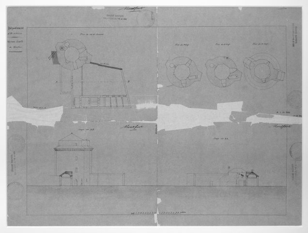 Plans du rez-de-chaussée et des étages de la maison d'arrêt de Montfort ainsi que deux coupes 